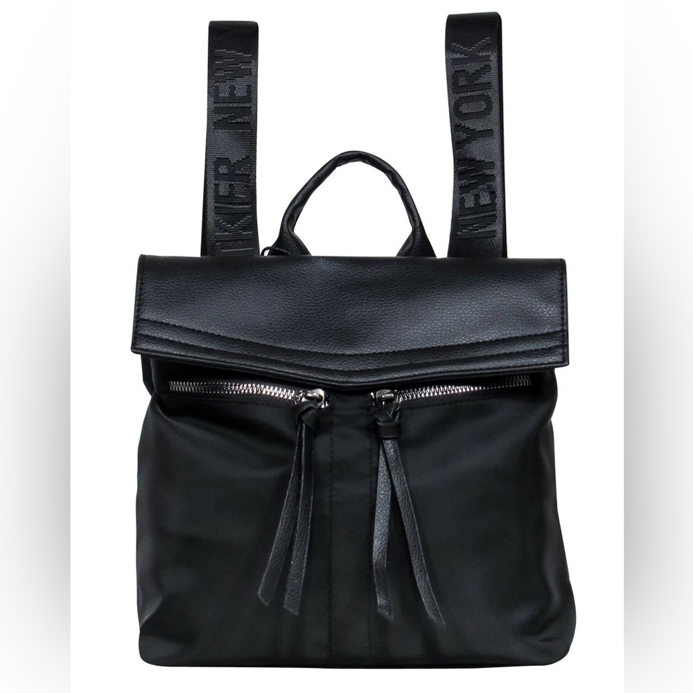 Botkier NY Trigger Small Black Nylon & Pebbled Leather Backpack W/ Logo Straps